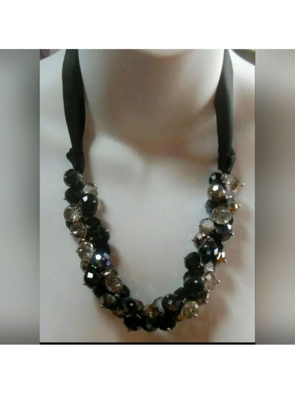 Ali-Kahn N.Y. Crystal Cluster Bead Necklace Black Silver Clear Ribbon Adjustable